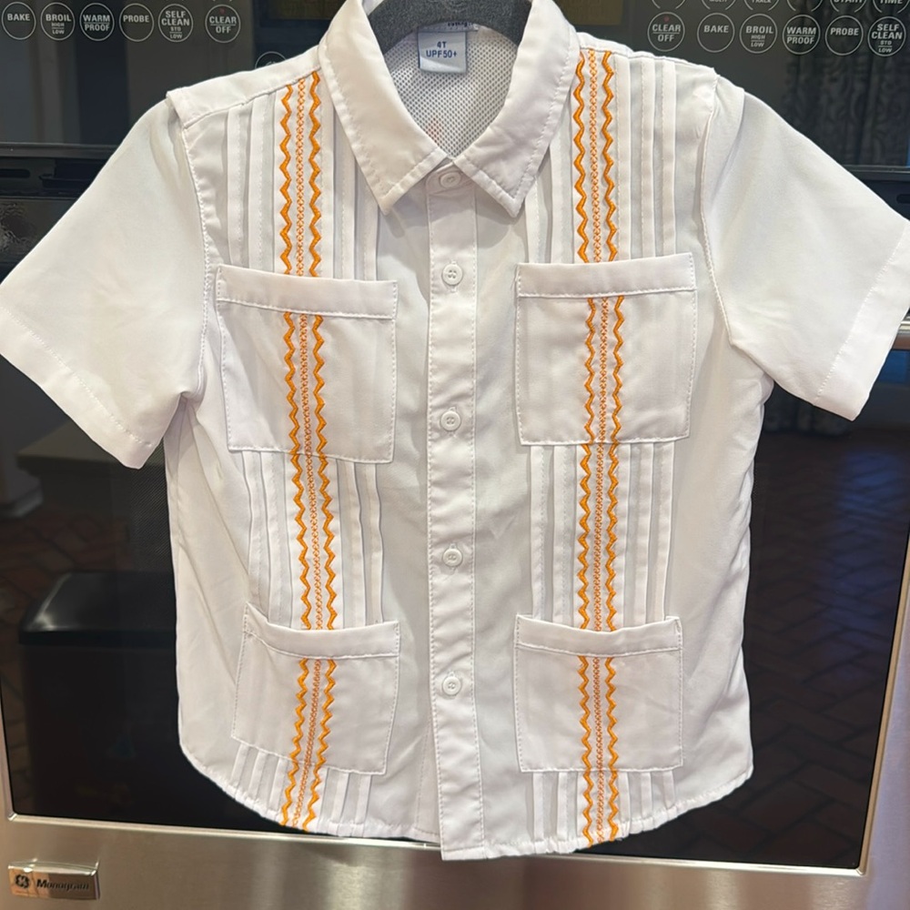 Blue Quail - Boys Guayabera- White & Orange Short Sleeve Shirt - Size: 4T